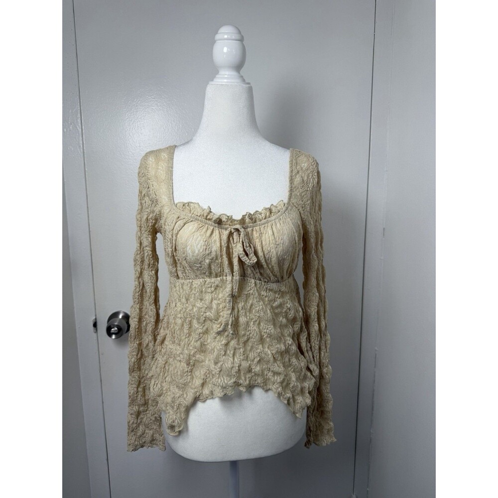 BOG Collective Cream Lace Textured Peplum Top Long Sleeve Cottagecore L NWT
